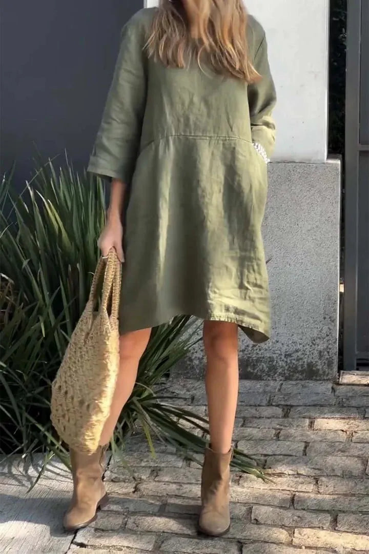 Solid Color Loose Casual Pocket Cotton-Linen Dress (Buy 2 Free Shipping)