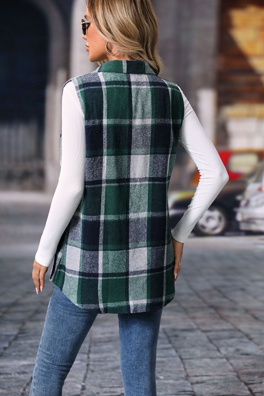 Women's Plaid Print Button Front Vest Coat