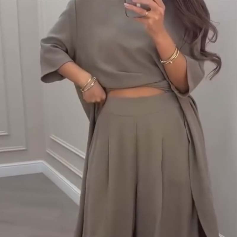 💃Limited Sale 49% OFF💕Solid Color Asymmetrical Top & Wide-Leg Pants 2-Piece Set