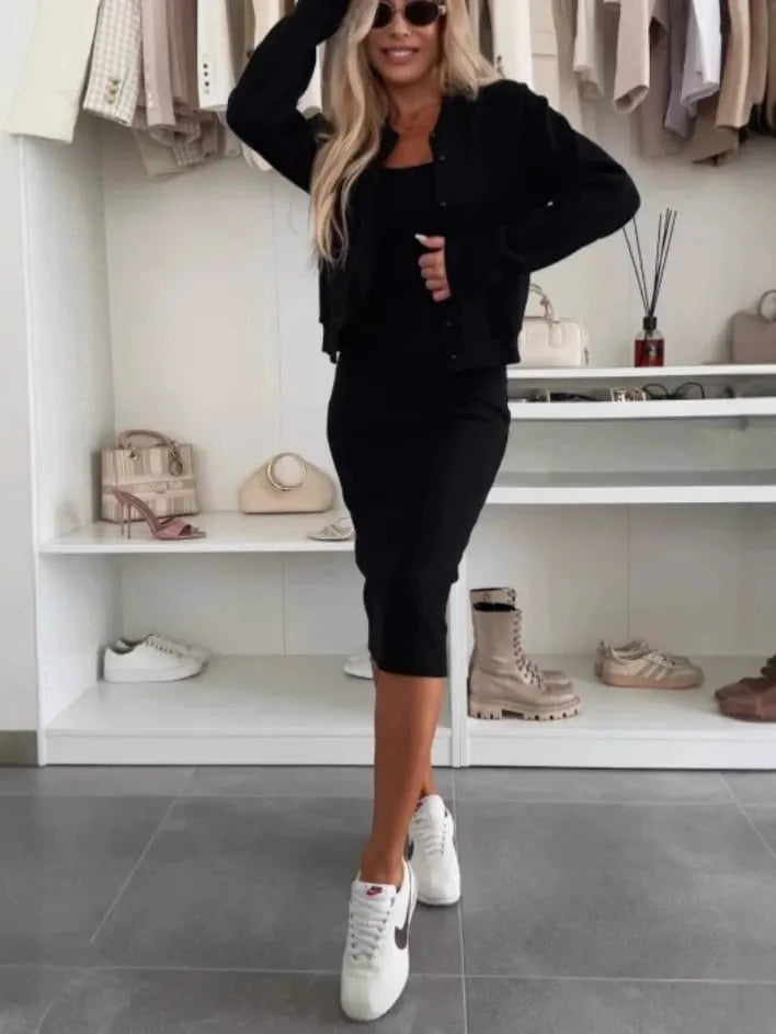 Women's U-neck Dress + Sweater Cardigan Casual Suit