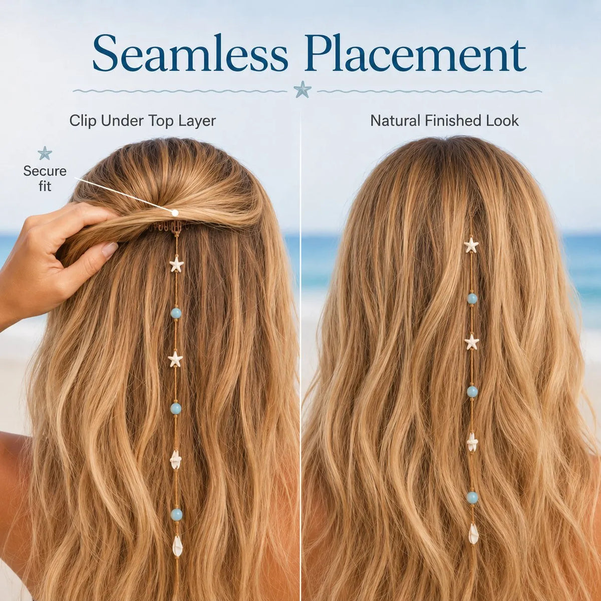 🔥HOT SALE🔥🌊⭐Beachy Mermaid Hair Accent Clip (Featuring blue bead accents, starfish, and shell charms)