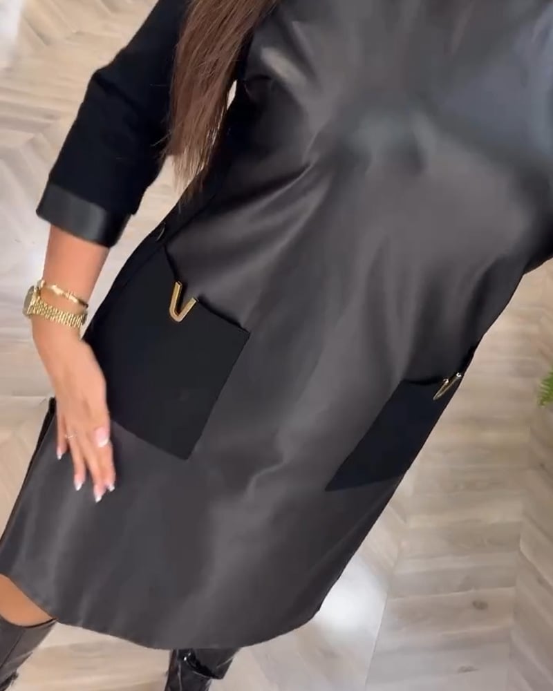 Round Neck Leather Patchwork Back Zipper Mid-Length Dress