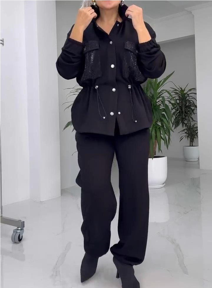 Women's solid color pocket hot diamond waist set