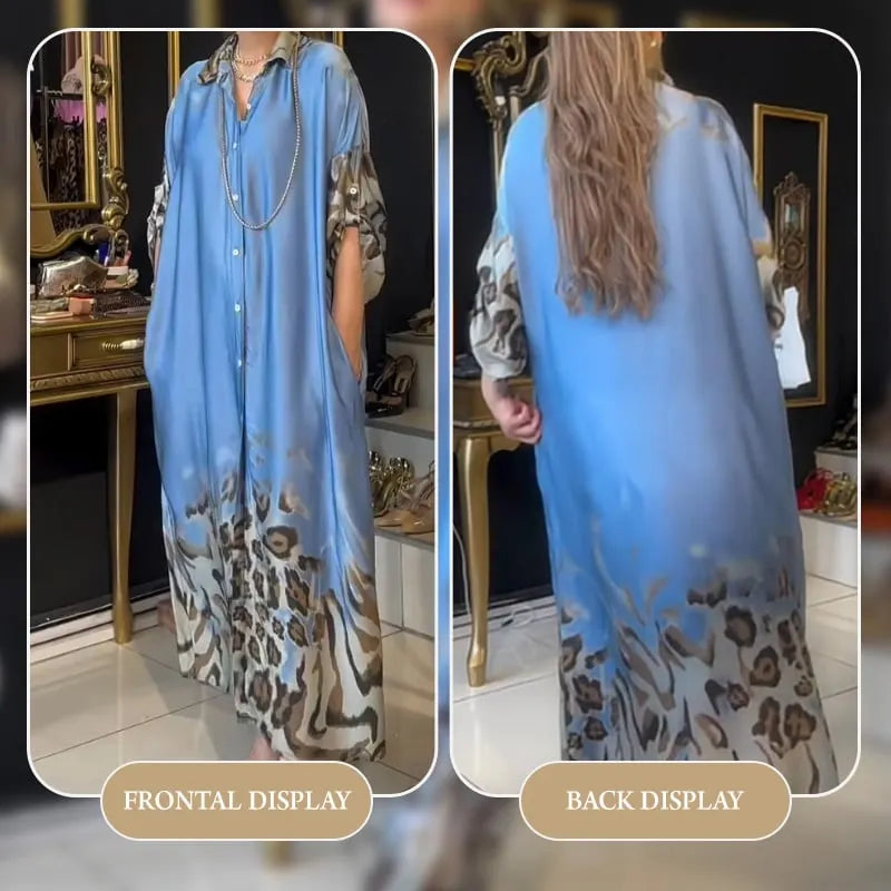 Vintage Leopard Print High-Waisted Maxi Dress with Long Sleeves