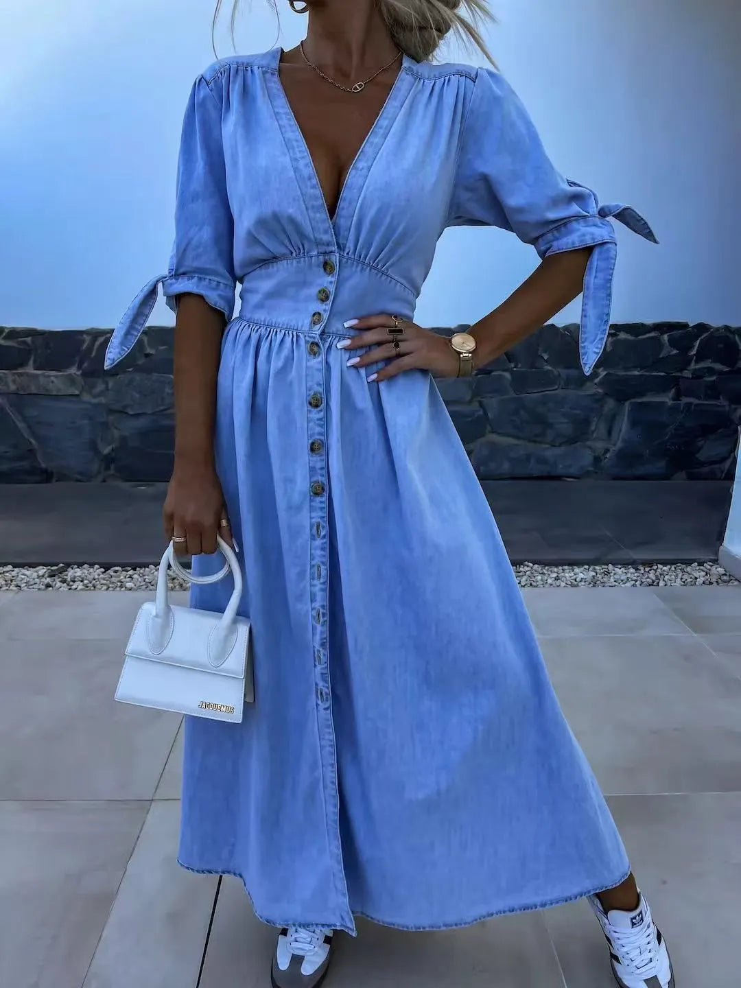 Women's V-Neck Button Down Denim Dress