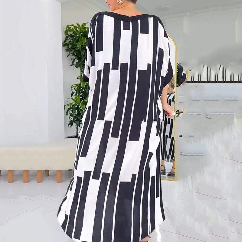 Fashion printed striped beaded round neck large size loose skirt