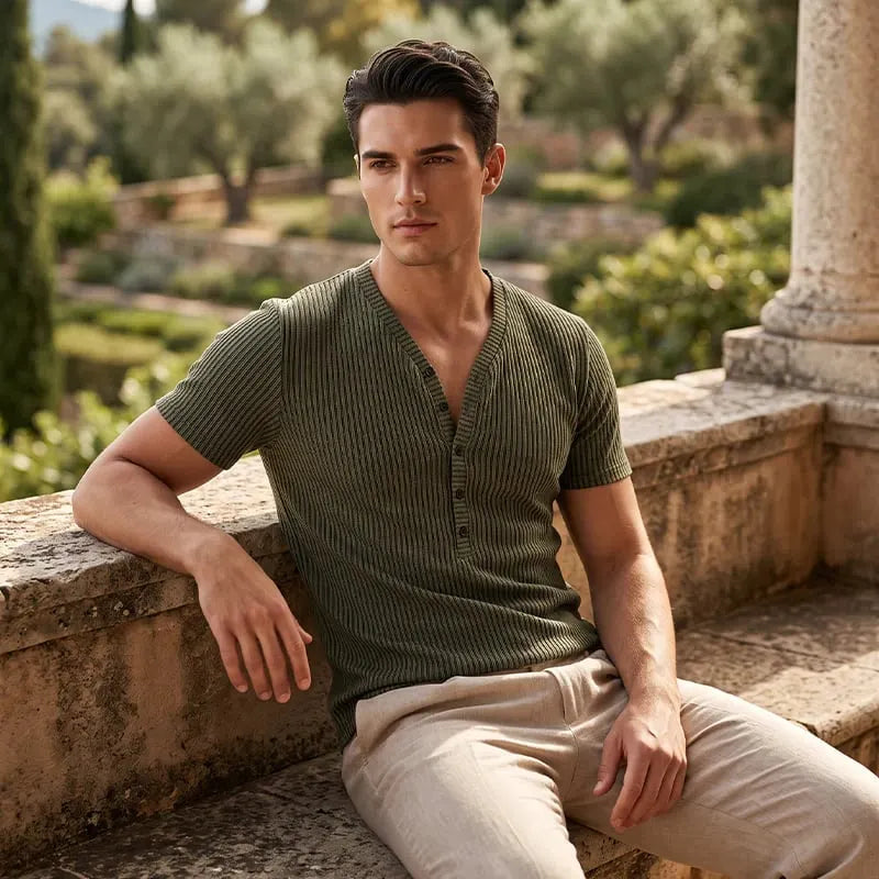 🎉⏰Men's Spring Textured Dual-Color Striped V-Neck Tee 👕 Bold Stripes, Deep V – A Modern Athletic Fit for Training & Beyond ✨