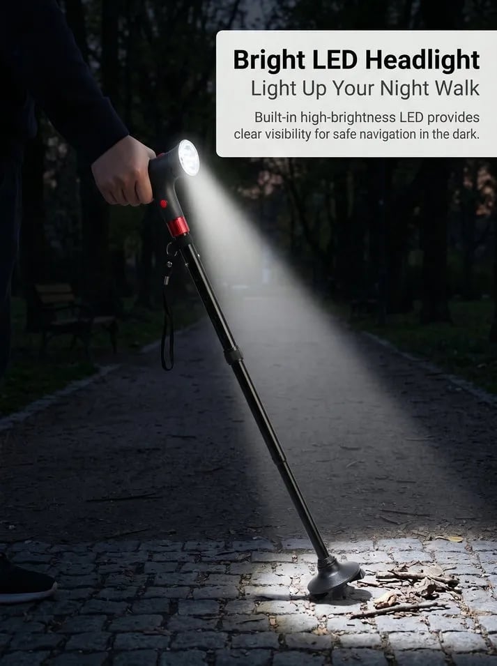🎉🔥 Must-Have Senior Smart Cane – Foldable Aluminum with LED Light & Quad Anti-Slip Feet