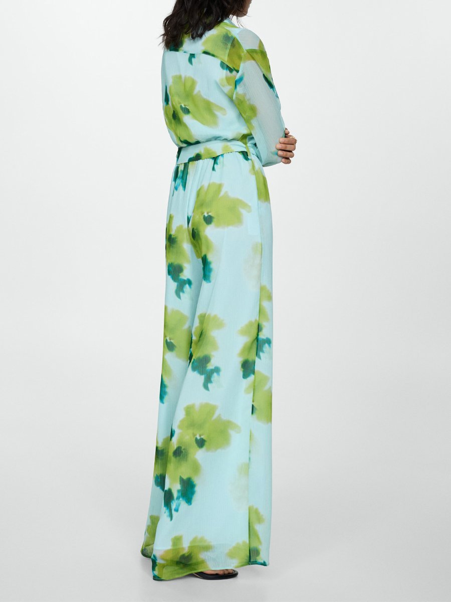 Women's Casual Printed Long Sleeve Belt Jumpsuit