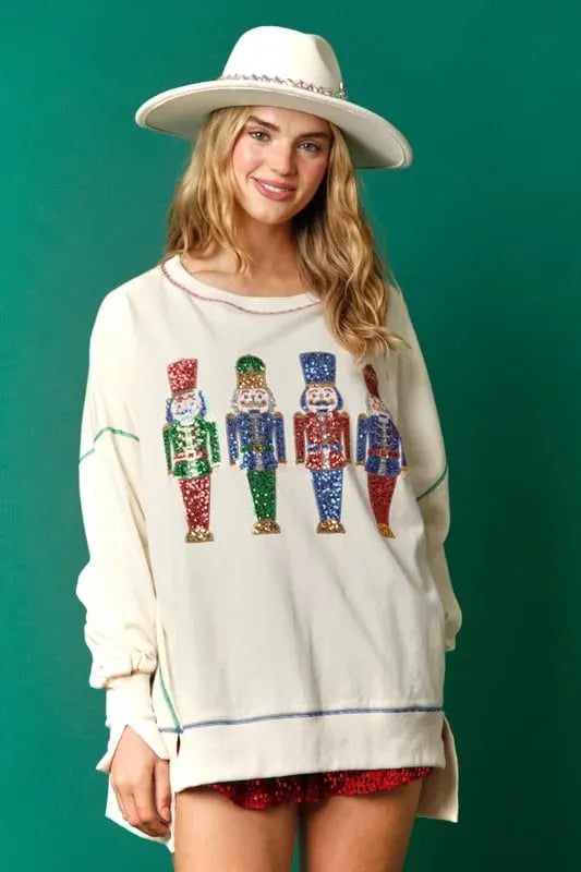 Christmas Sequin Print Crew Neck Long Sleeve Sweatshirt (Buy 2 Free Shipping)