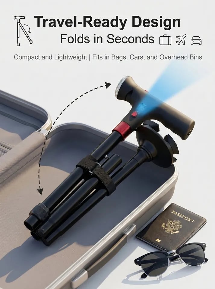 🎉🔥 Must-Have Senior Smart Cane – Foldable Aluminum with LED Light & Quad Anti-Slip Feet