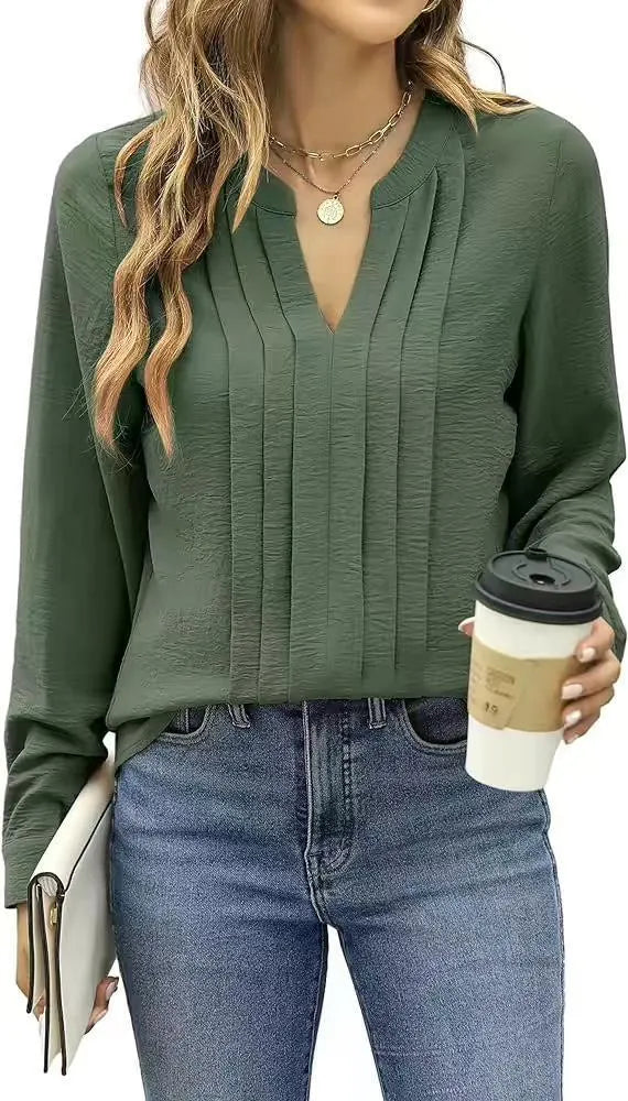 Women's V-Neck Pleated Long Sleeve Top