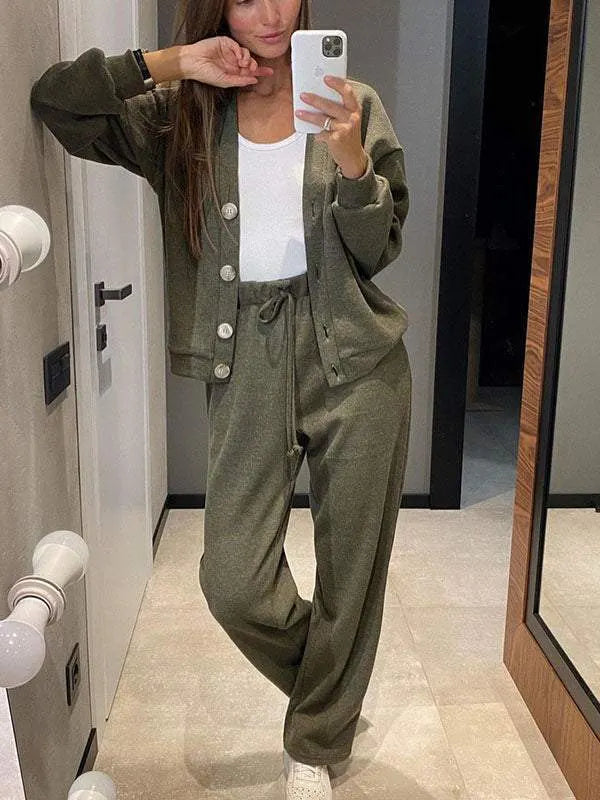 Women's Knitted Buttoned Jacket and Pants Two-piece Set (Buy 2 Free Shipping)
