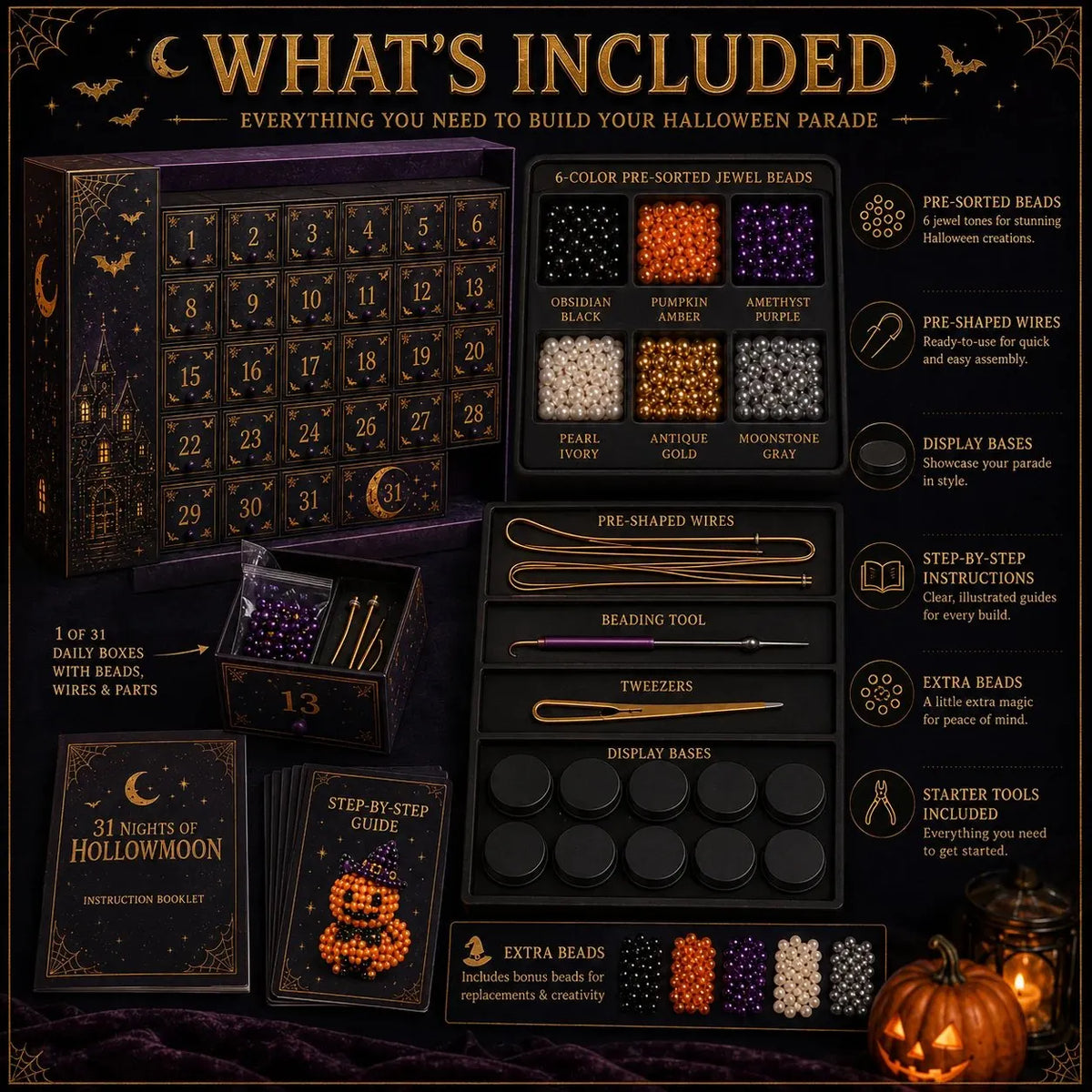 🎉🎃 Hollowmoon 31-Night Jewel-Bead Countdown Calendar | 31 Daily DIY Characters, Complete Craft Supplies & Midnight Parade Display 💎✨