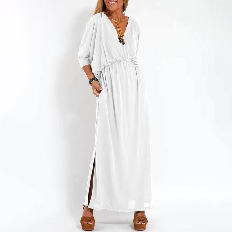 Elegant Solid Color High Waist V-Neck Maxi Dress