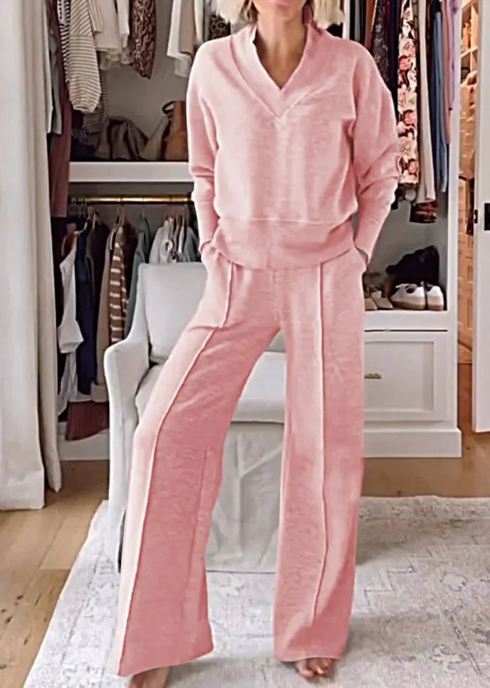 Women's Solid Color V-neck Top & Pants Two-piece Set (🔥Same as in the video)