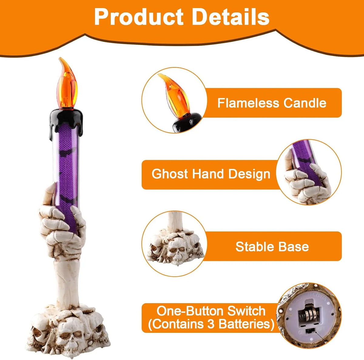 🕯️3 Pack Halloween LED Skeleton Hand Candle Holders, Flickering Flameless Skull Candles with Amber Light for Indoor Outdoor Halloween Decorations