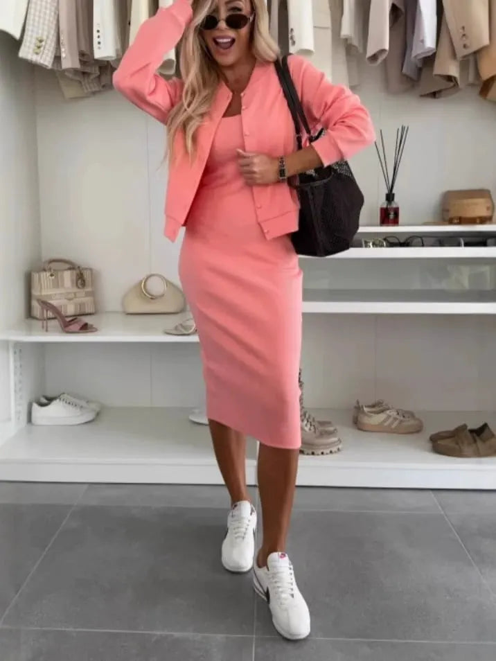 Women's U-neck Dress + Sweater Cardigan Casual Suit