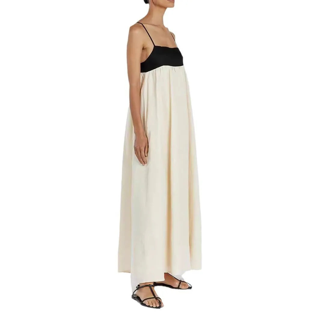 Contrast color suspender maxi dress