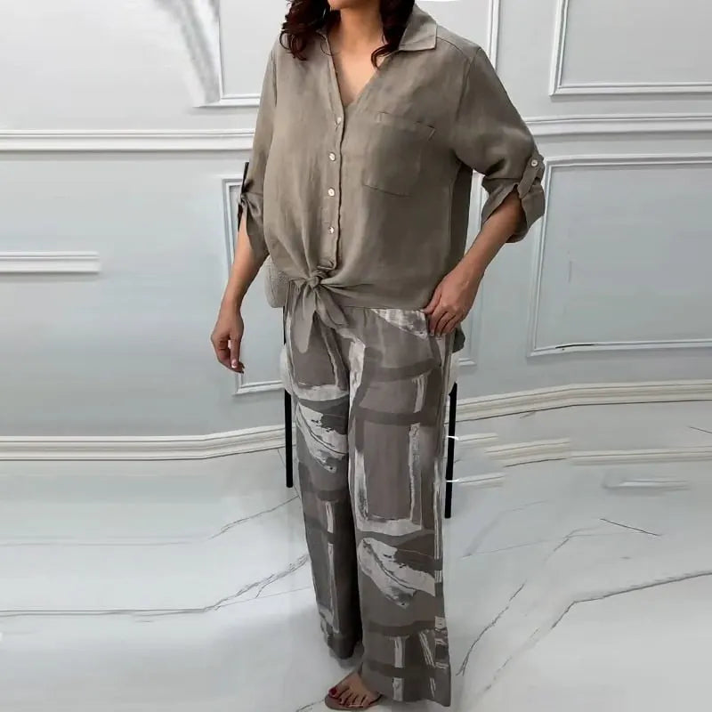 Women's Loose Shirt Cardigan & High-Waisted Pants Two-Piece Set
