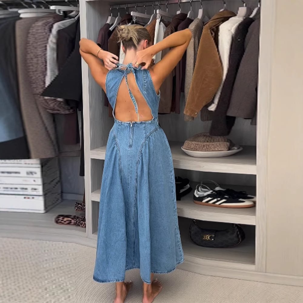 OPEN-BACK DENIM DRESS(FREE SHIPPING)