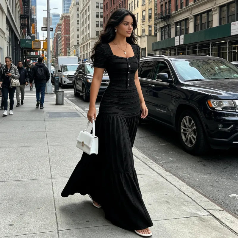 👗 LIMITED-TIME 49% OFF! ✨ Women's Square Neck Dress Set – Crinkled Fabric, Tiered Skirt, Elegant 🍷