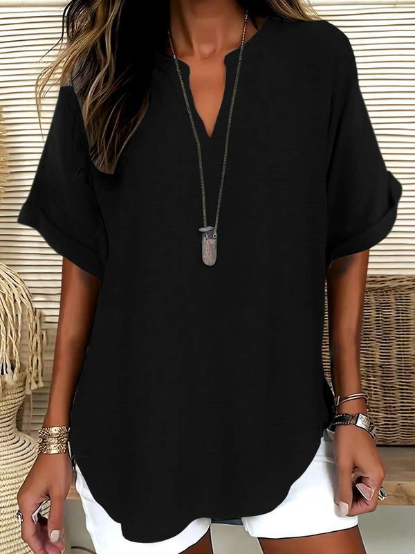 🔥Women's Plain Short Sleeve Blouse, Casual Solid Color Top for Daily Wear, Ladies Clothes for All Seasons