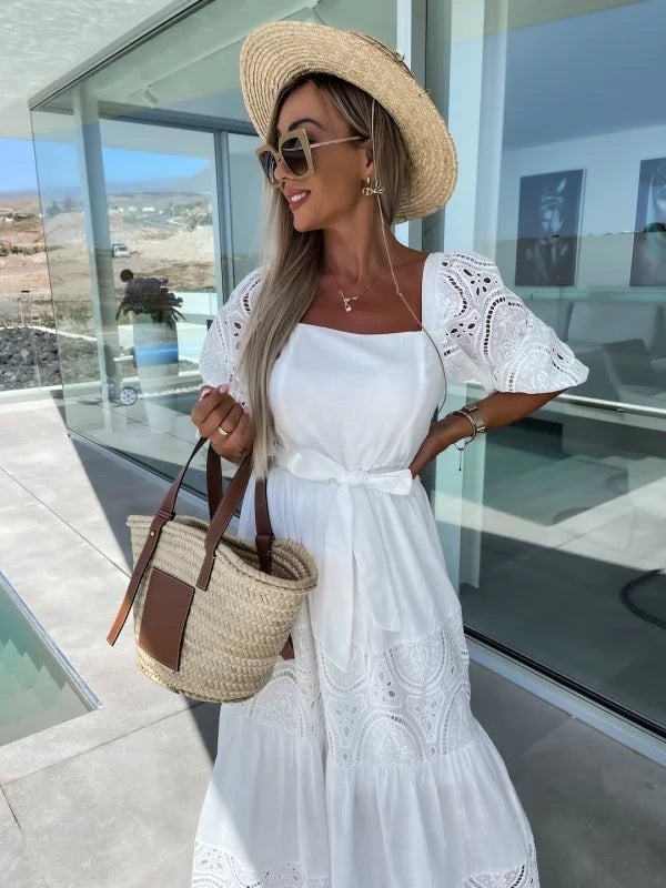 🌷Women’s Trendy Patchwork Tie Waist Square Neck Long Dress