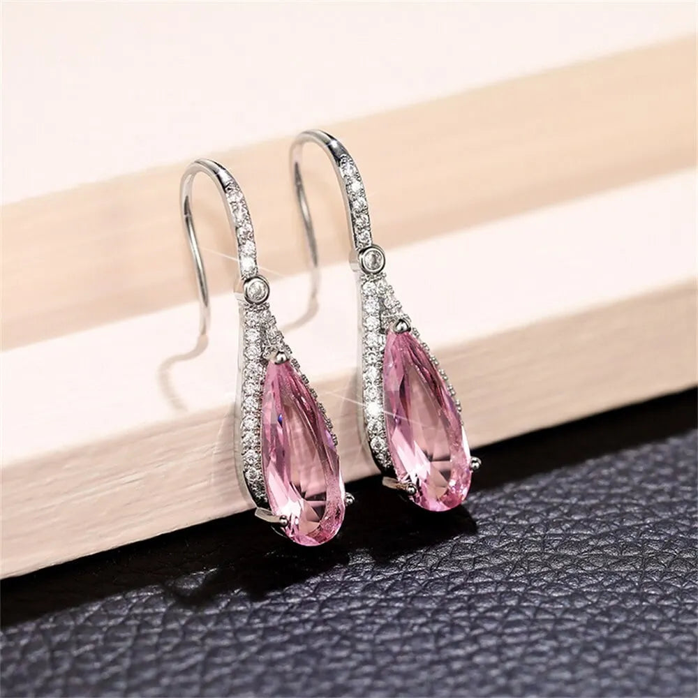 Pear Shaped Pink Crystal Drop Earrings