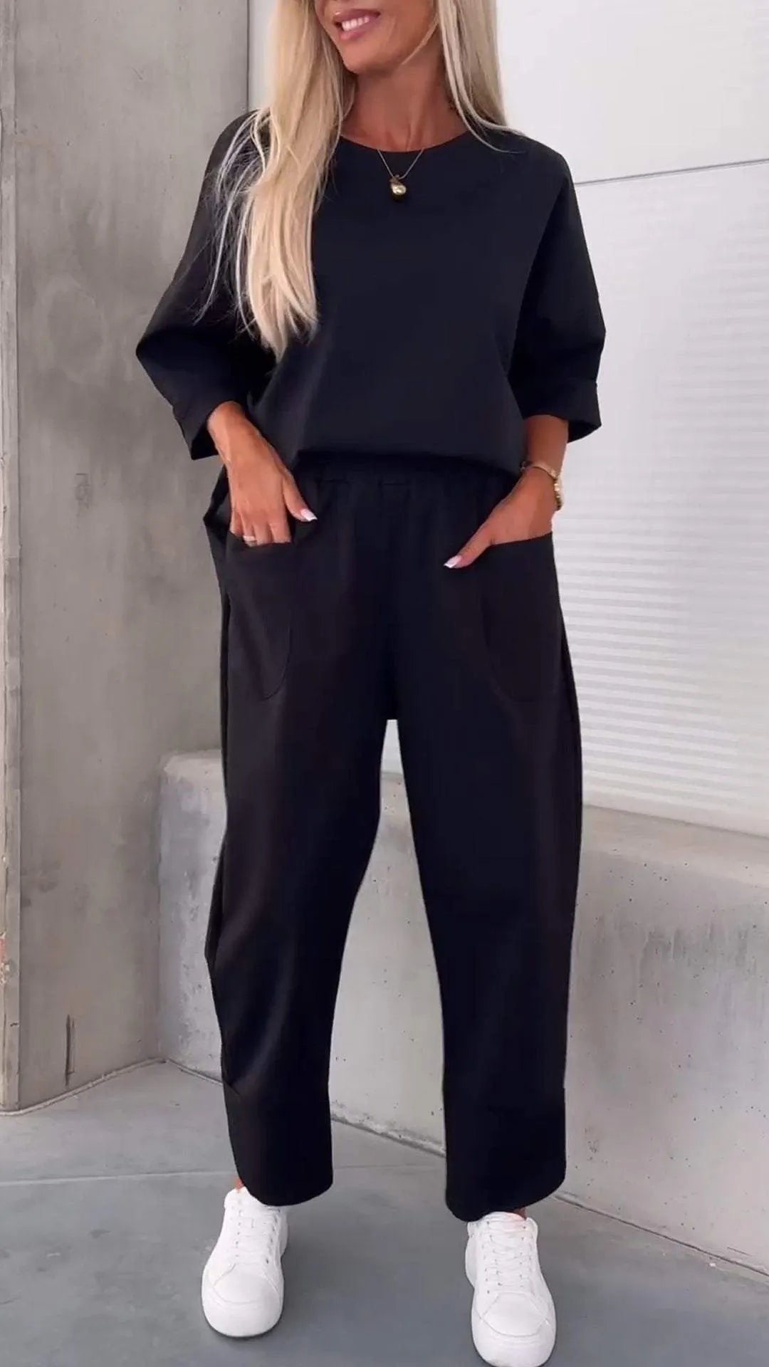Solid Color Casual Top & Pants with Pockets Set