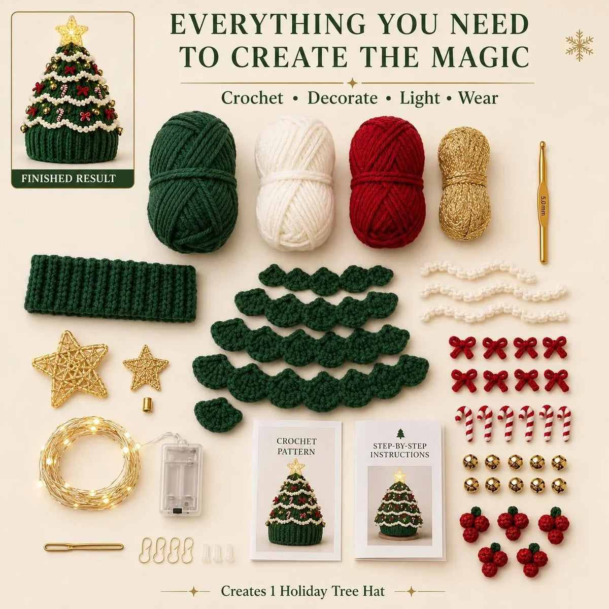 🎉🎄Beginner-Friendly Light-Up Christmas Tree Crochet Hat DIY Kit | Complete Kit with Coordinated Yarn, LED Lights & Step-by-Step Guide Included 💕