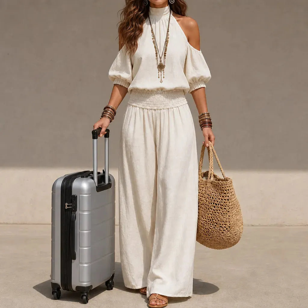 Cold Shoulder Wide Leg Pants Set