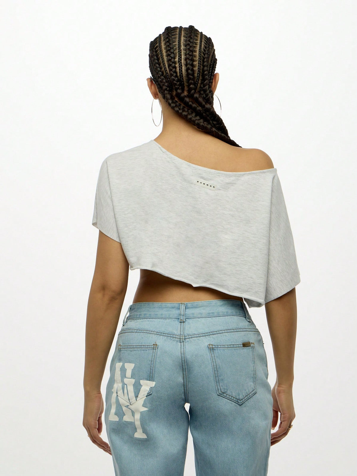 WOMEN Off Shoulder NY Logo Slouchy Crop Tee Athletic Varsity Sports Fan Streetwear Workout Fashion Athleisure Cropped T-Shirt Summer Urban Style