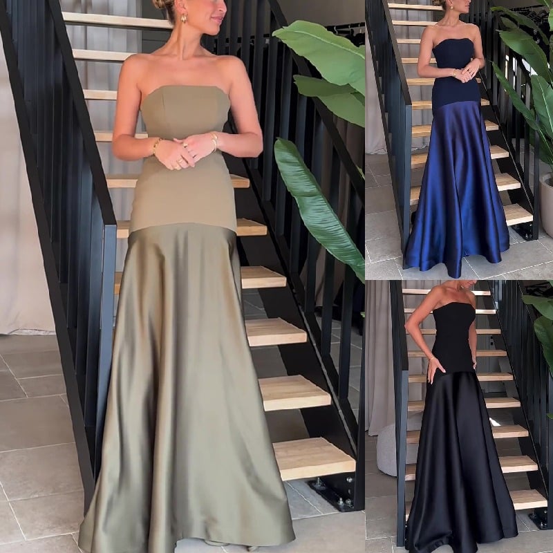 Timeless Elegance Satin Patchwork Strapless Flare Gown Maxi Dress