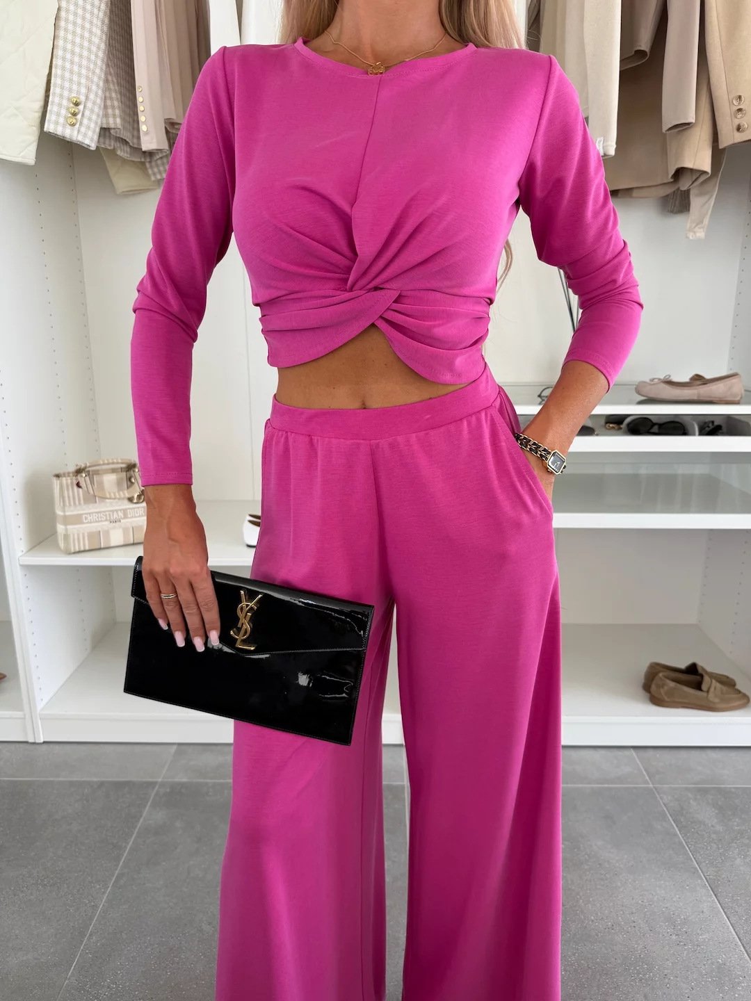Effortless Chic🌟Solid Color Crop Top Set - Round Neck & Elastic Waist for Everyday Style
