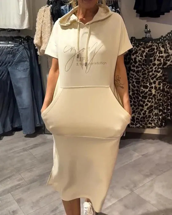 Solid Color Short Sleeve Hoodie Pocket Dress for Women