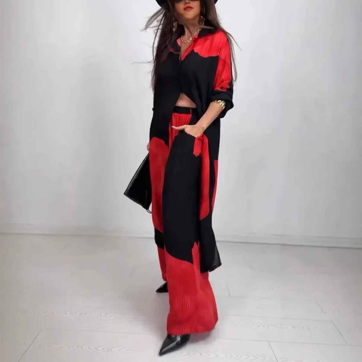 Women's V-Neck Printed Top & Pants Casual Set