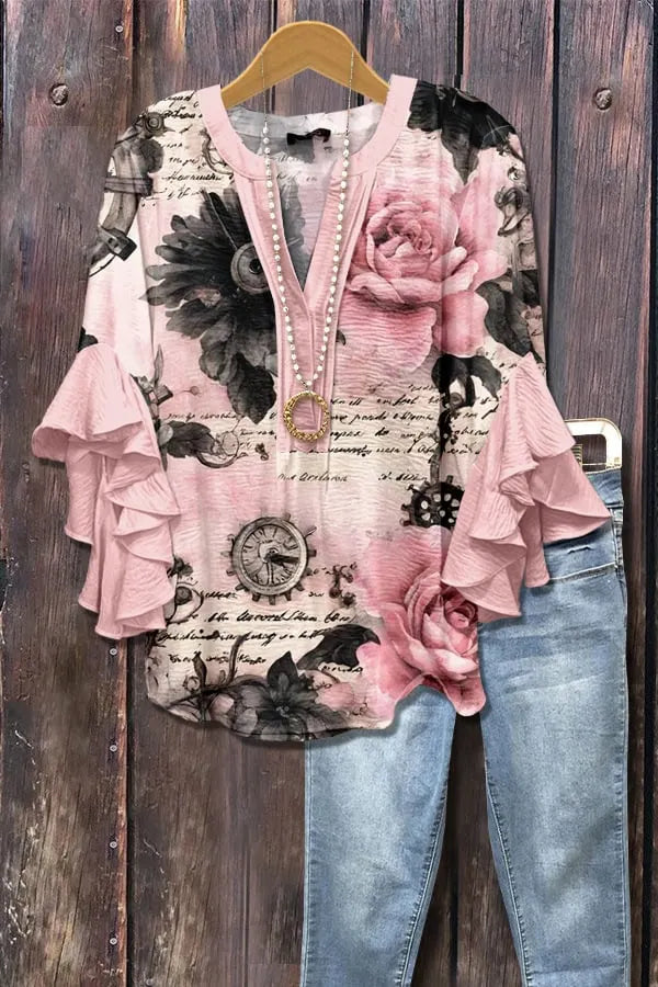 Floral Print Ruffle Bell Sleeve Top