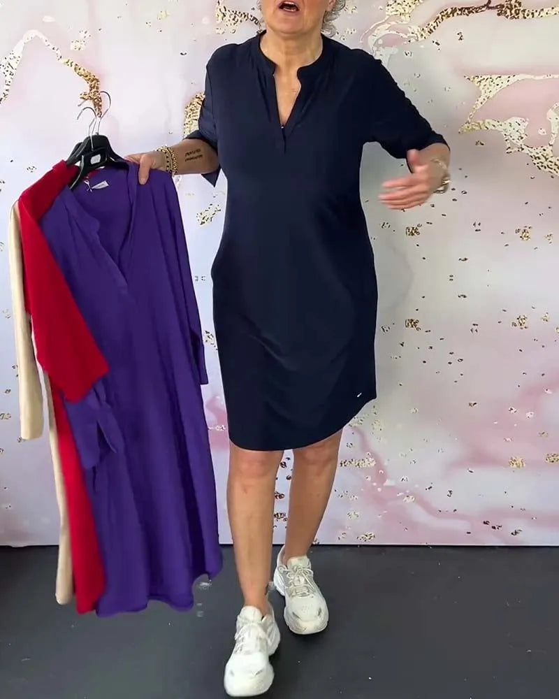 Solid-color V-neck dress - buy 2 free shipping