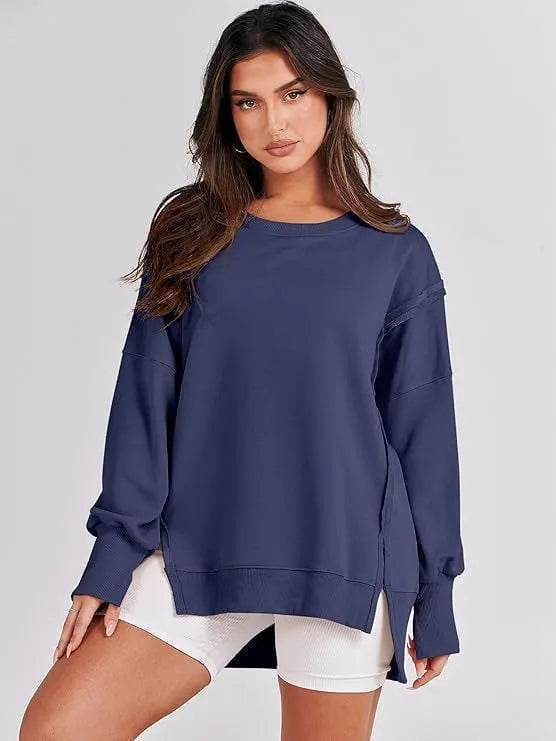 Oversized Crew Neck Sweatshirt Slit Pullover (Buy 2 Free Shiping)