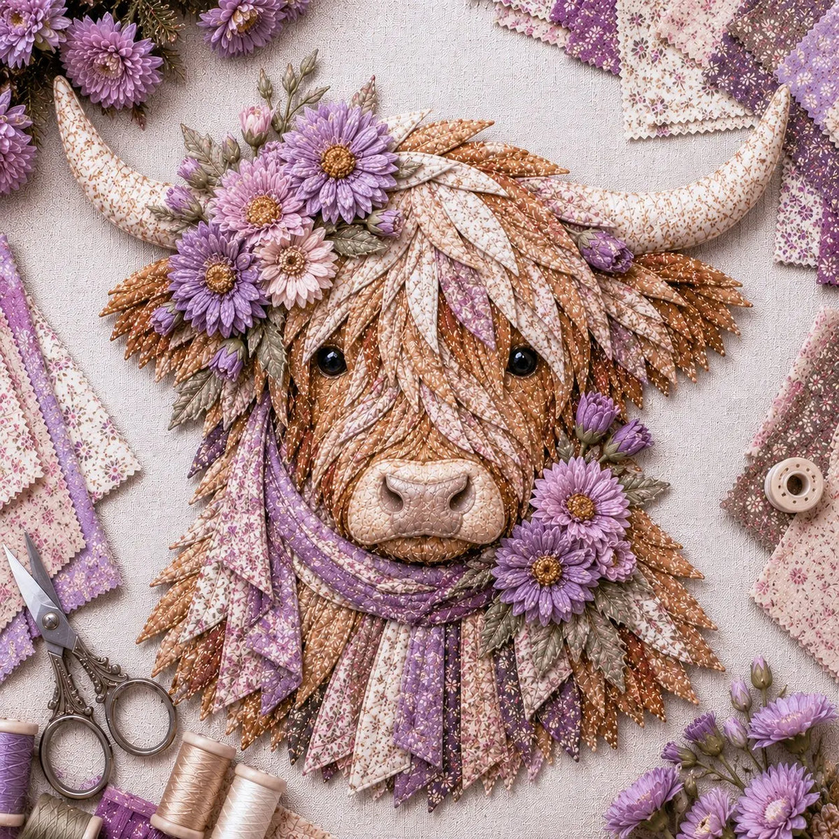 🎉💐🌸 Birth Flower Highland Cow 3D Layered Fabric Art DIY Kit (Beginner-friendly) 🔥 Buy 2 Free Shipping