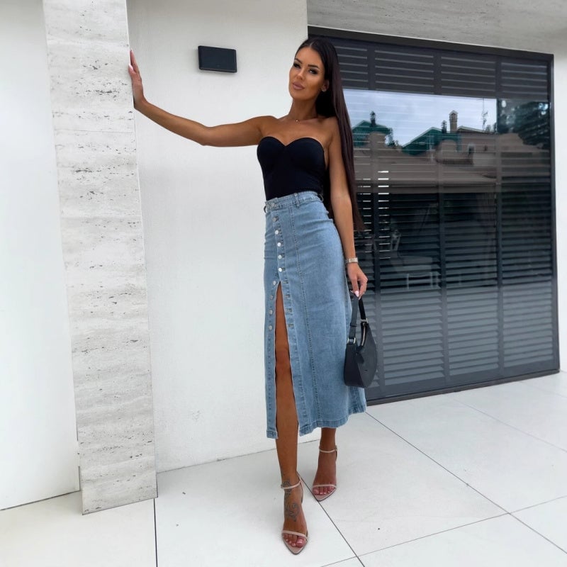🌸Spring Specials💐 Stylish Button Closure Split Denim Bodycon Skirt