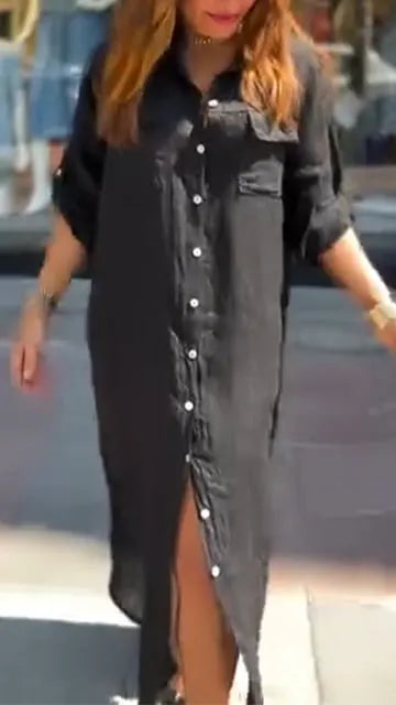 Solid Color Button Down Slit Loose Casual Shirt Dress