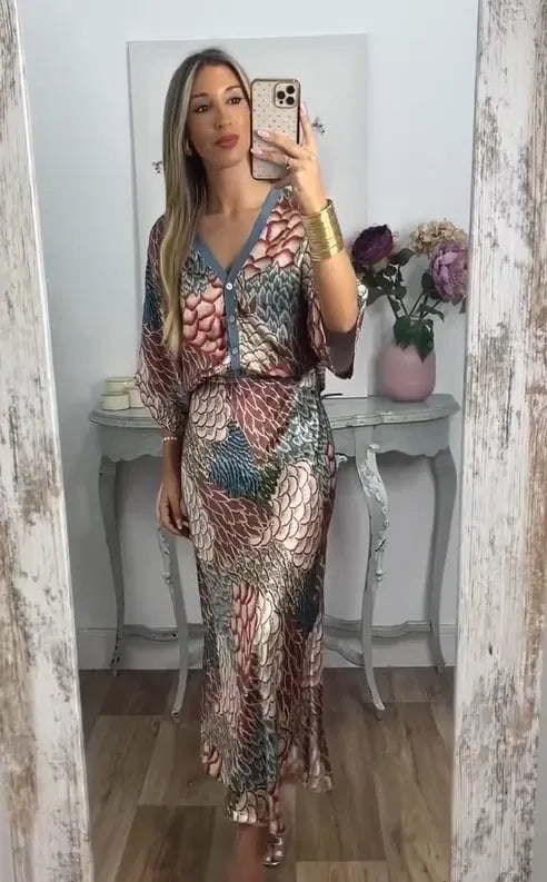HARLEN SATIN UNIQUE PRINTED LOOSE SHIRT TOP AND ELASTIC WAIST MAXI SKIRT SET