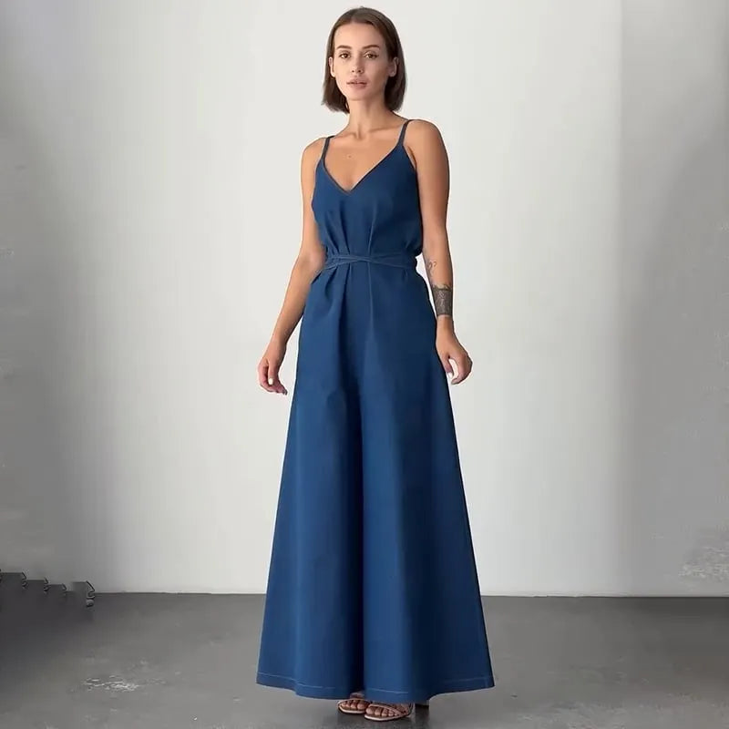 Women's V-neck Suspender Waist Denim Jumpsuit