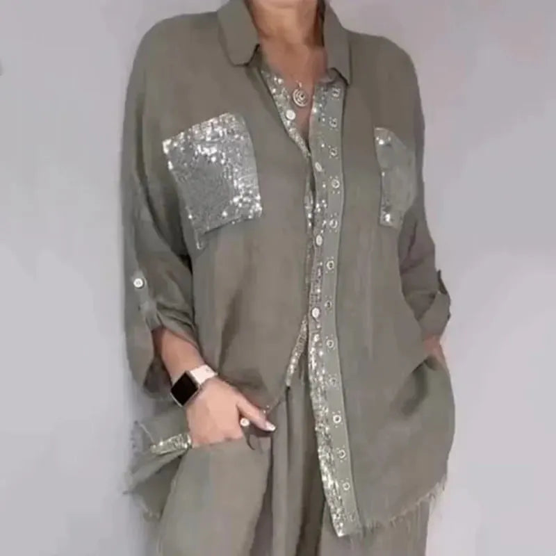 🎉Women's Sequin Shirt & Wide-Leg Pants Set