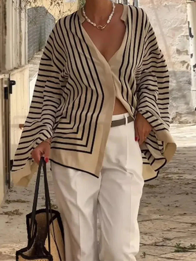 Elegant Pinstripe Shirt Single Breasted Round Neck Long Sleeve Top