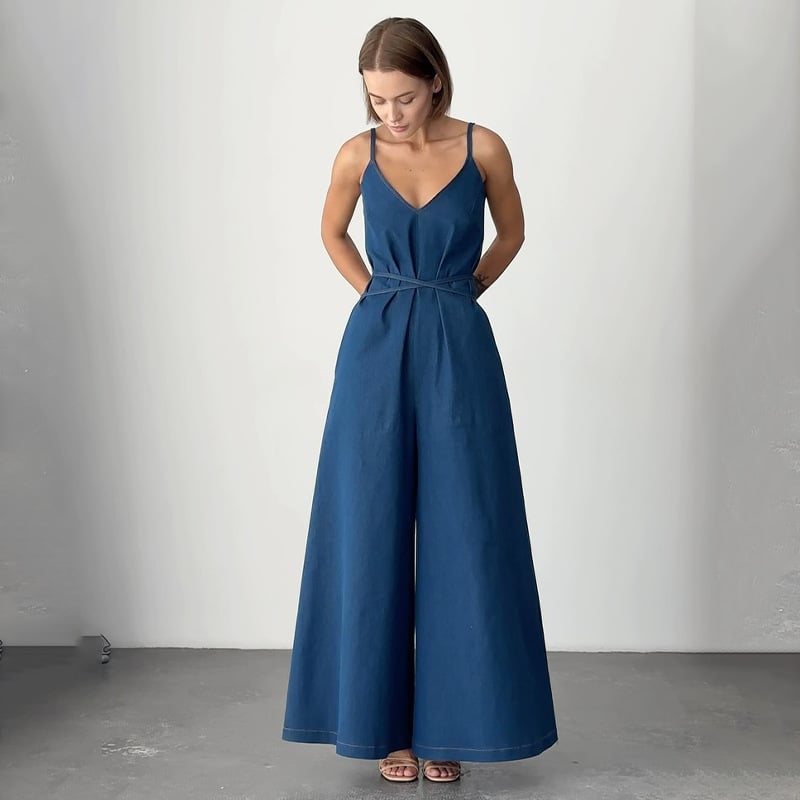 Women's V-neck Suspender Waist Denim Jumpsuit