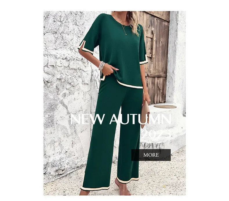 Chic Short Sleeve Knitted Pants Set
