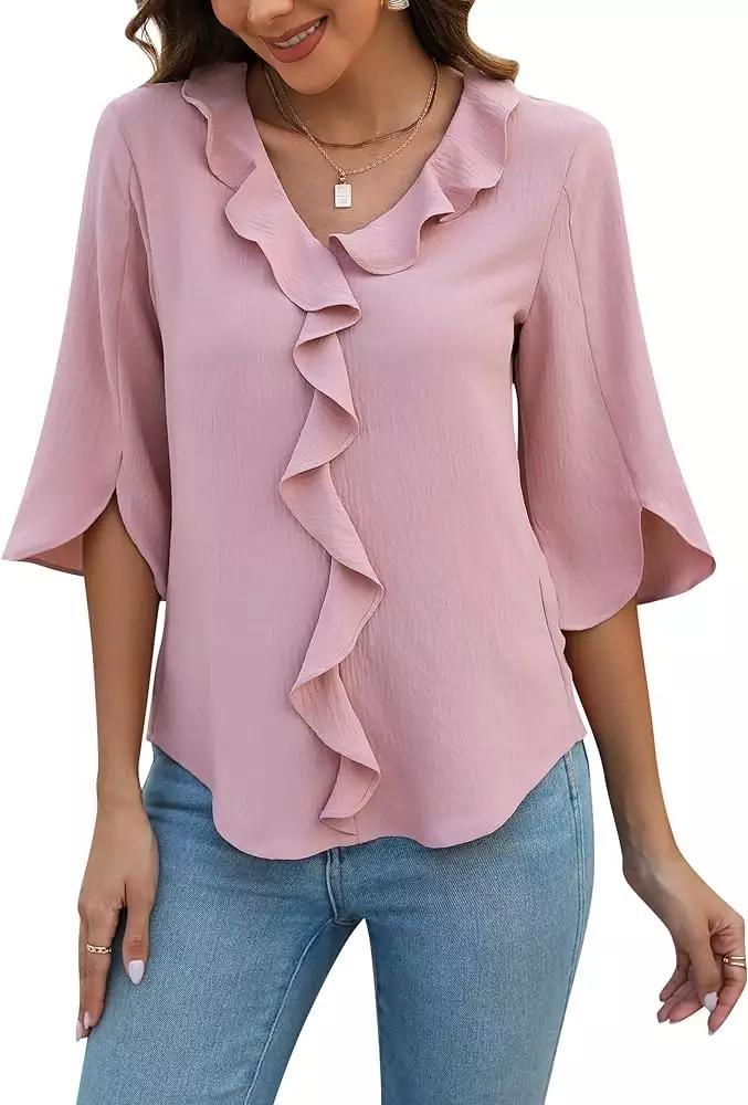 Women's V-Neck 3/4 Ruffle Sleeve Tops
